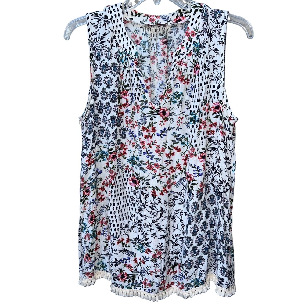 Front of Closet Floral Patchwork Fringe Hem Sleeveless Top White Red Blue M